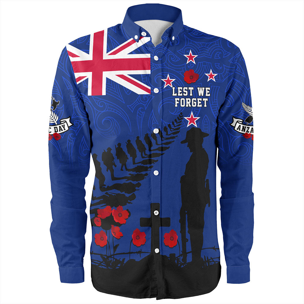 New Zealand Long Sleeve Shirt Flag Maori Pattern Solider Fern Lest We Forget
