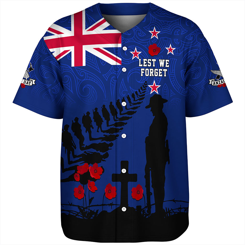 New Zealand Baseball Shirt Flag Maori Pattern Solider Fern Lest We Forget