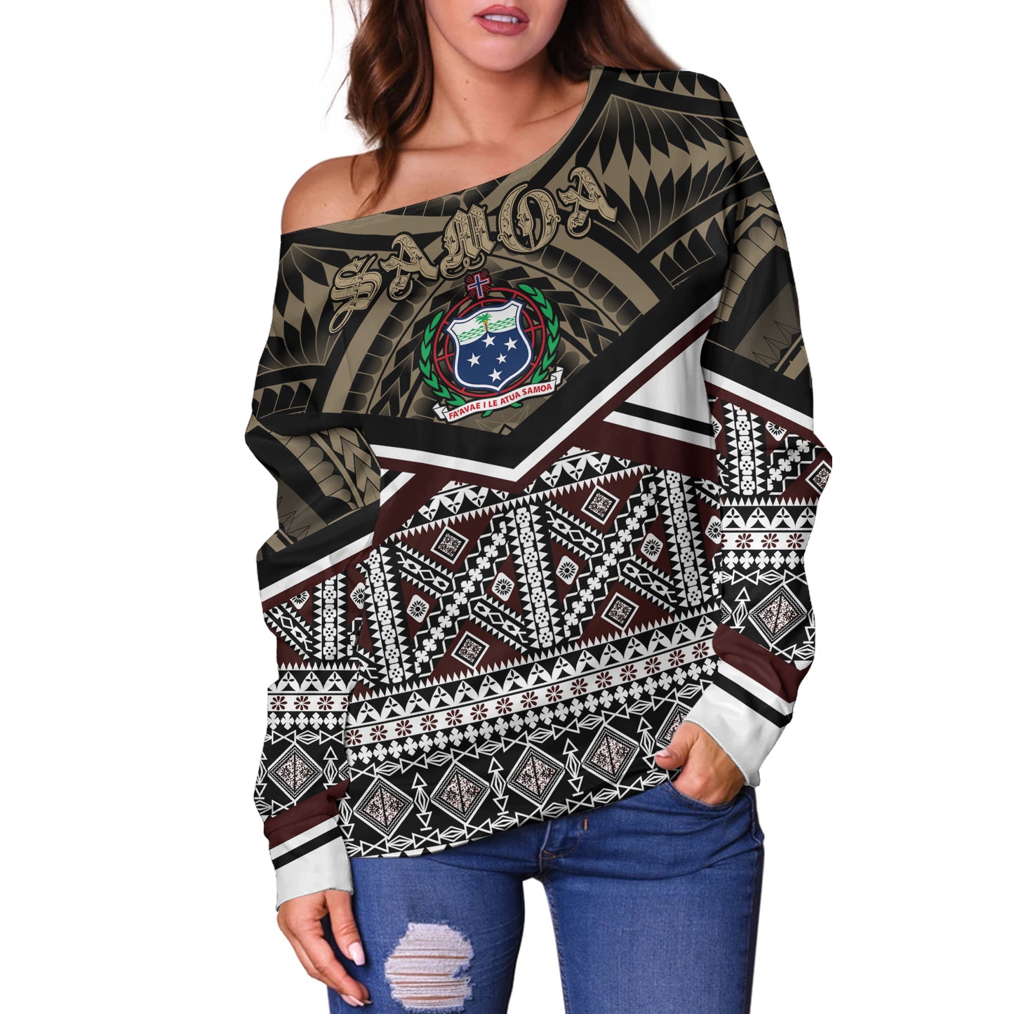 Samoa Off Shoulder Sweatshirt - Samoa Masi Dobby Coat Of Arms