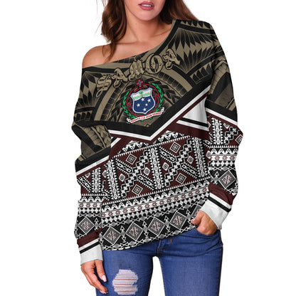 Samoa Off Shoulder Sweatshirt - Samoa Masi Dobby Coat Of Arms