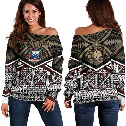 Samoa Off Shoulder Sweatshirt - Samoa Masi Dobby Coat Of Arms