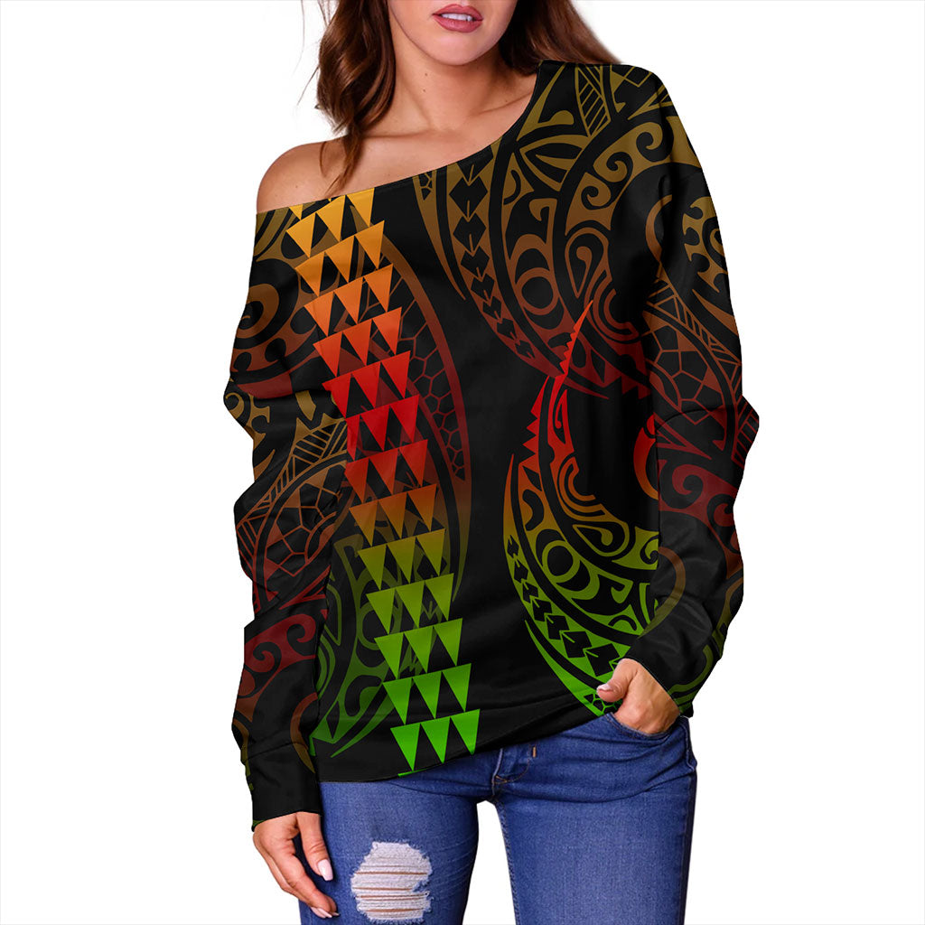 Hawaii Off Shoulder Sweatshirt Polynesia Kakau Style