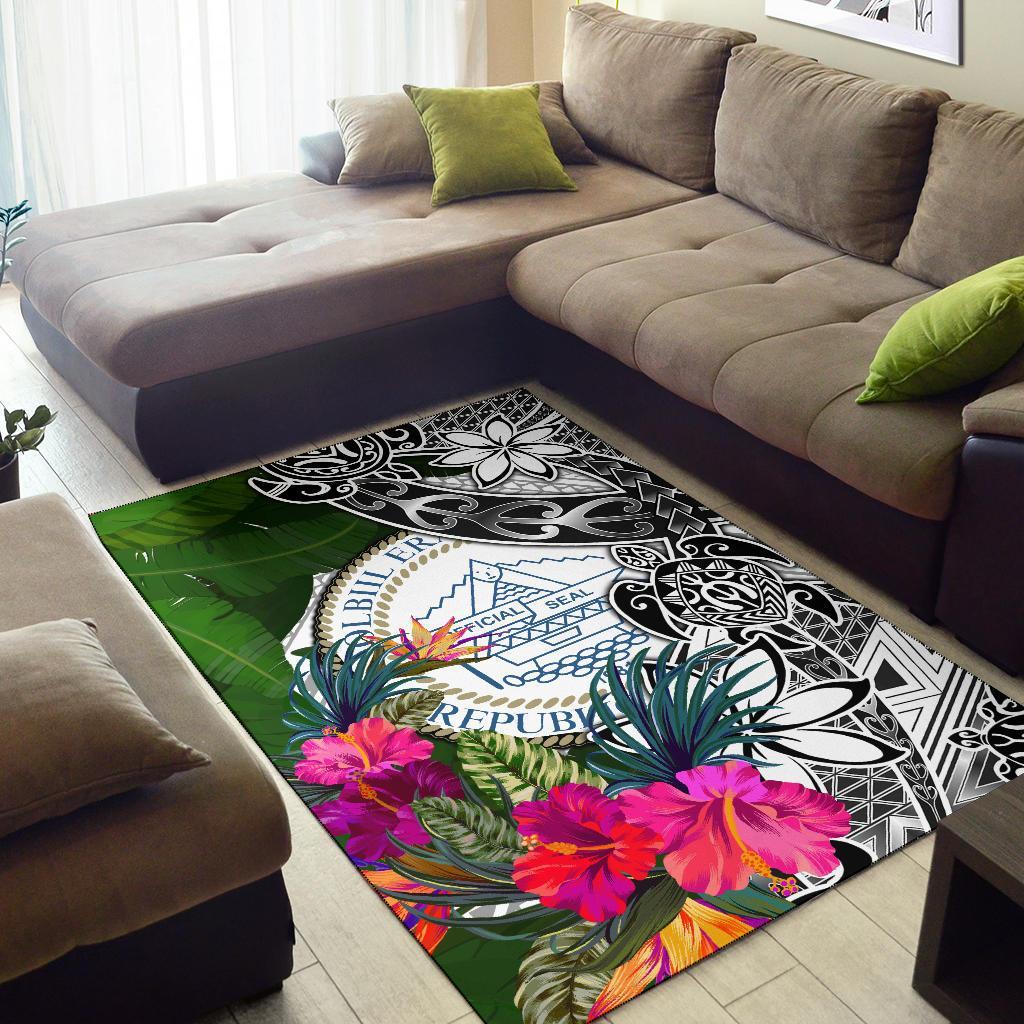Palau Area Rug White - Turtle Plumeria Banana Leaf Crest