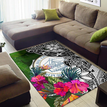 Palau Area Rug White - Turtle Plumeria Banana Leaf Crest
