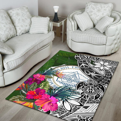 Palau Area Rug White - Turtle Plumeria Banana Leaf Crest