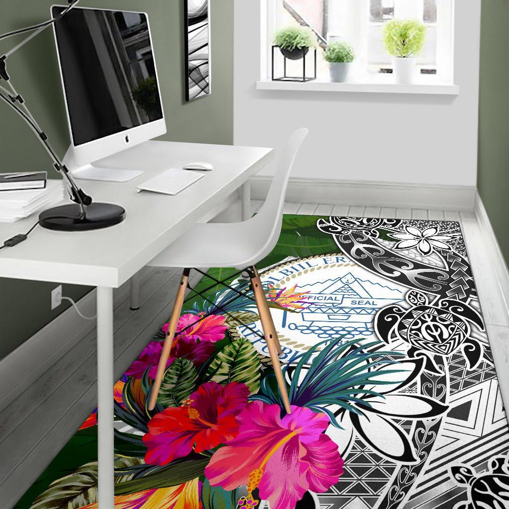 Palau Area Rug White - Turtle Plumeria Banana Leaf Crest