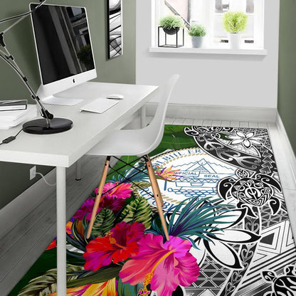 Palau Area Rug White - Turtle Plumeria Banana Leaf Crest