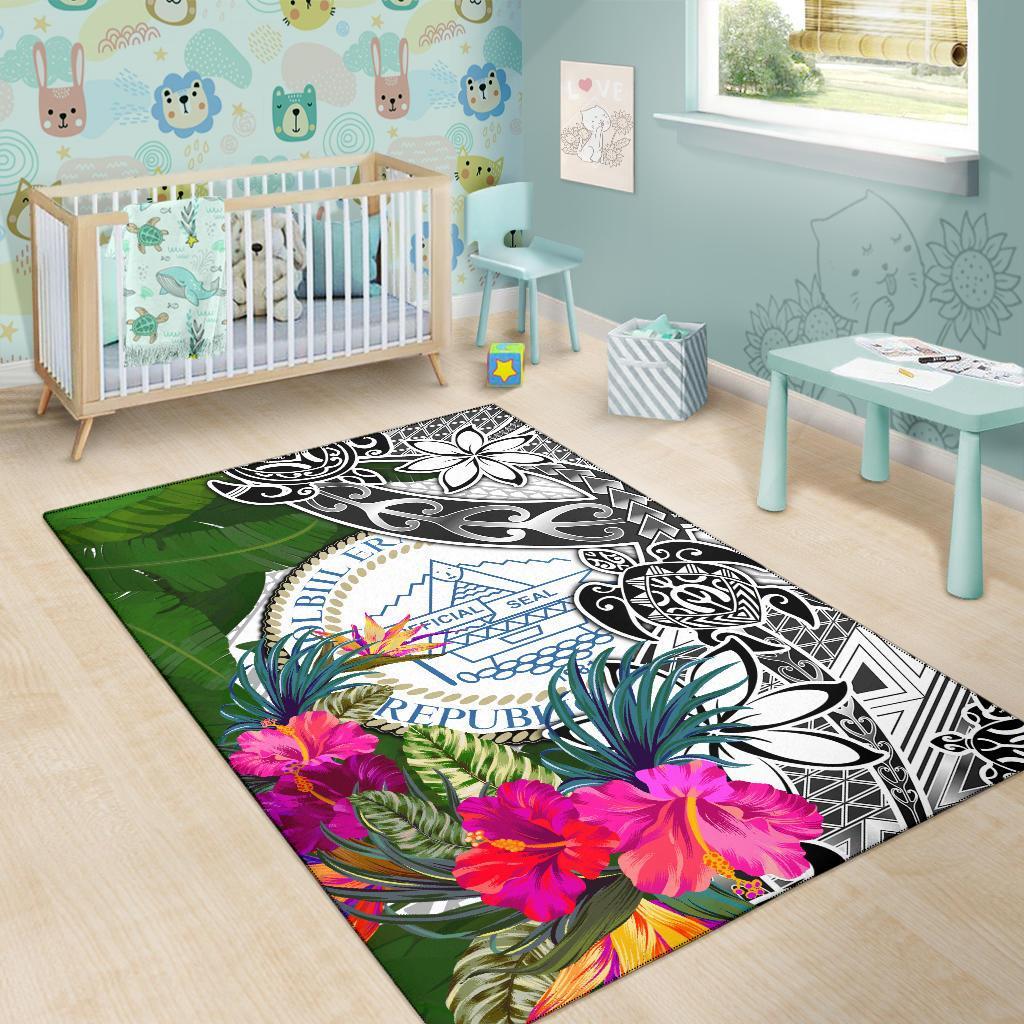 Palau Area Rug White - Turtle Plumeria Banana Leaf Crest