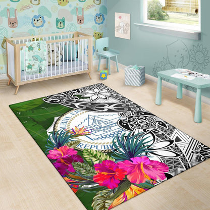 Palau Area Rug White - Turtle Plumeria Banana Leaf Crest