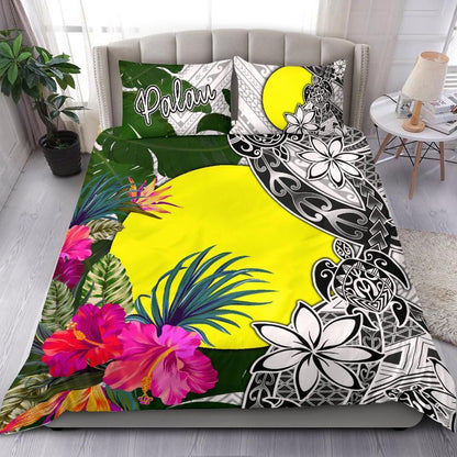 Palau Bedding Set White - Turtle Plumeria Banana Leaf