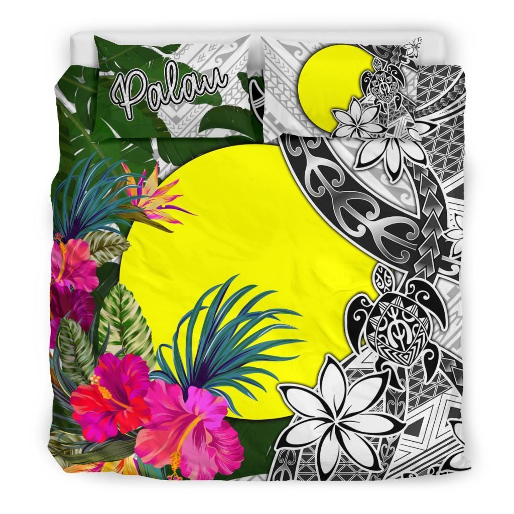 Palau Bedding Set White - Turtle Plumeria Banana Leaf