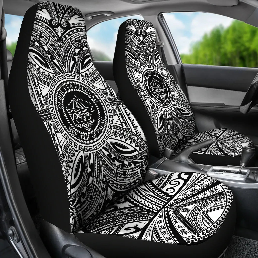 Palau Car Seat Cover - Palau Coat Of Arms Polynesian White Black