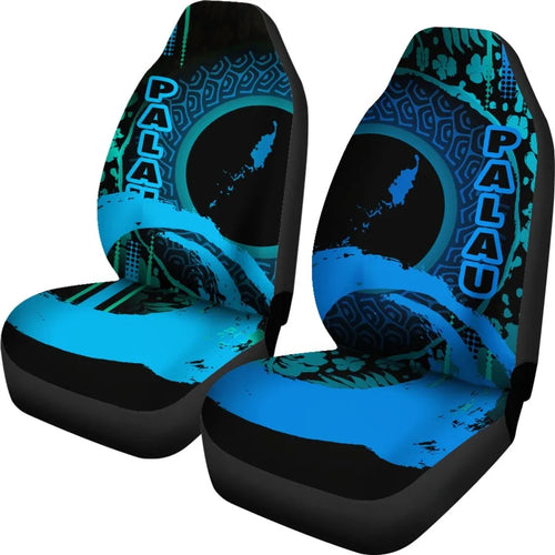 Palau Car Seat Covers - Palau Map Hibiscus And Wave Light Blue