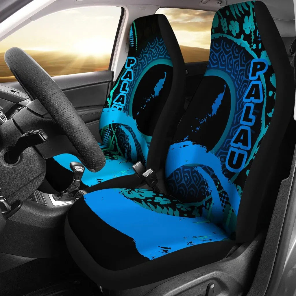 Palau Car Seat Covers - Palau Map Hibiscus And Wave Light Blue