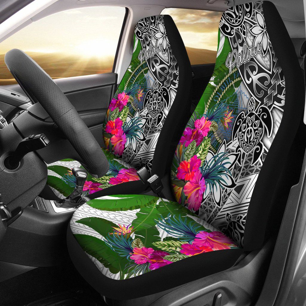 Palau Car Seat Covers White - Turtle Plumeria Banana Leaf Crest