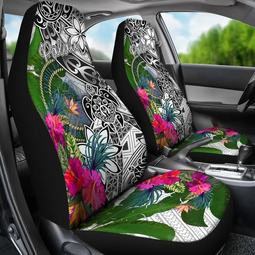 Palau Car Seat Covers White - Turtle Plumeria Banana Leaf Crest
