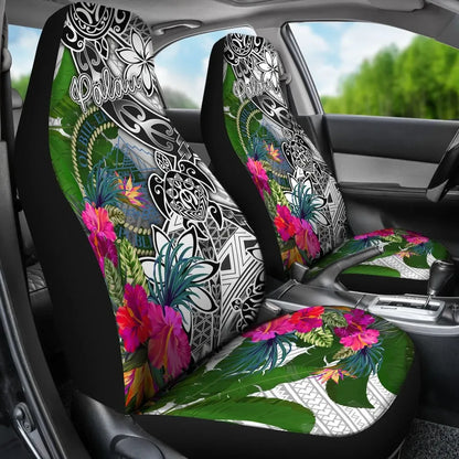 Palau Car Seat Covers White - Turtle Plumeria Banana Leaf Crest