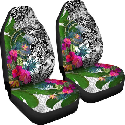 Palau Car Seat Covers White - Turtle Plumeria Banana Leaf Crest