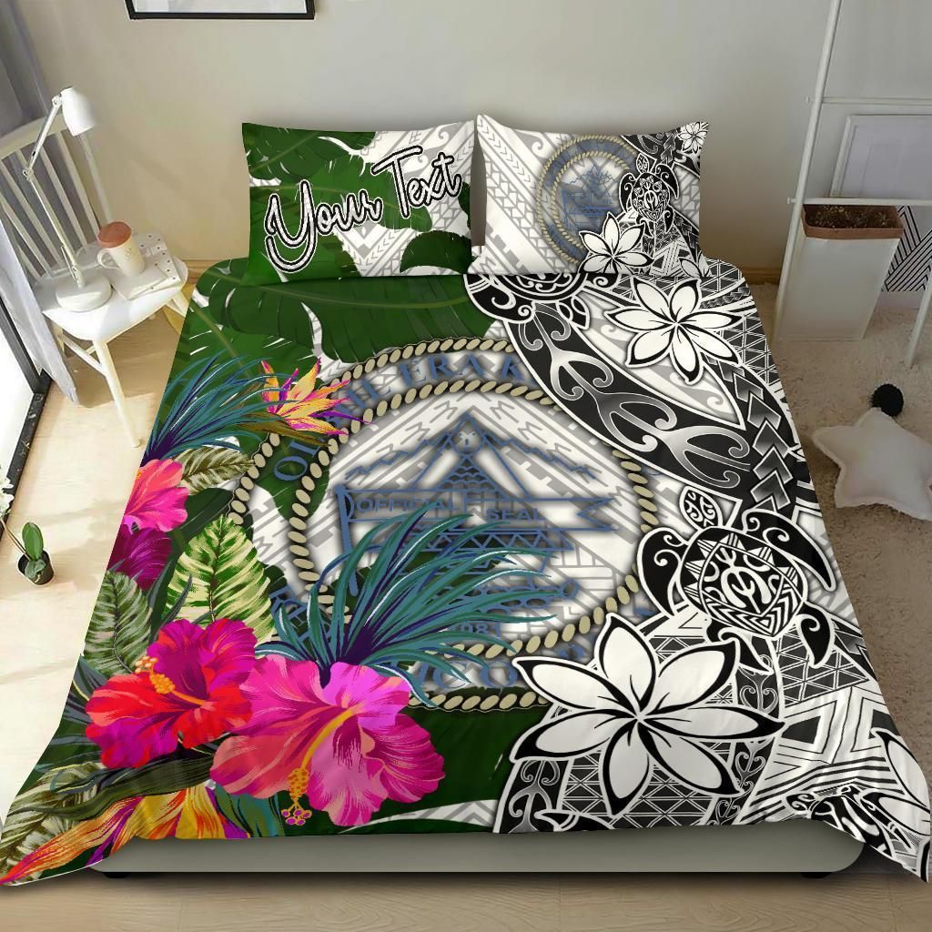 Palau Custom Personalised Bedding Set White - Turle Plumeria Banana Leaf Crest