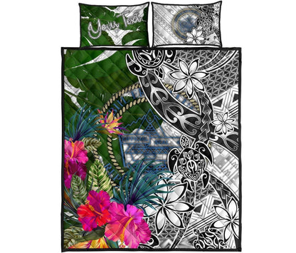 Palau Custom Personalised Quilt Bed Set White - Turtle Plumeria Banana Leaf Crest