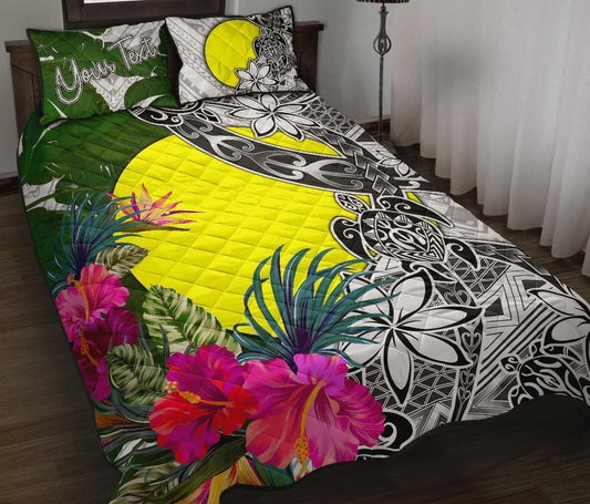 Palau Custom Personalised Quilt Bed Set White - Turtle Plumeria Banana Leaf