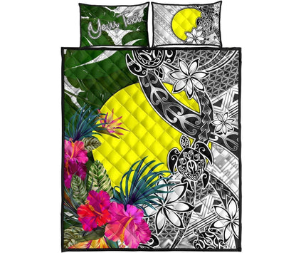 Palau Custom Personalised Quilt Bed Set White - Turtle Plumeria Banana Leaf