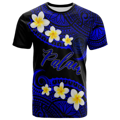 Palau Custom Personalised T-Shirt - Plumeria Polynesian Vibe Blue