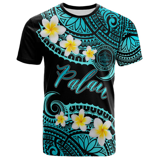 Palau Custom Personalised T-Shirt - Plumeria Polynesian Vibe Turquoise