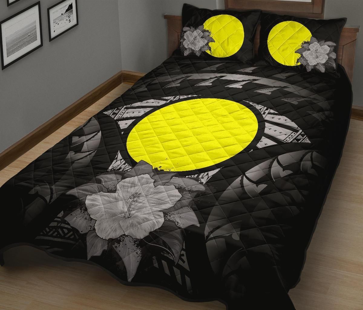 Palau Polynesian Quilt Bed Set Hibiscus Gray