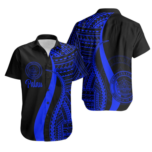 Palau Short Sleeve Shirt - Blue Polynesian Tentacle Tribal Pattern Crest