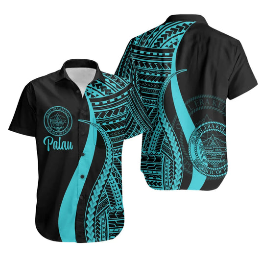 Palau Short Sleeve Shirt - Turquoise Polynesian Tentacle Tribal Pattern Crest