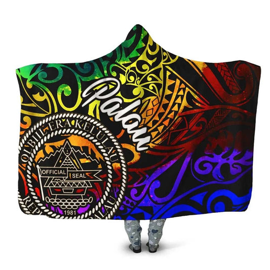 Palau Hooded Blanket - Rainbow Polynesian Pattern