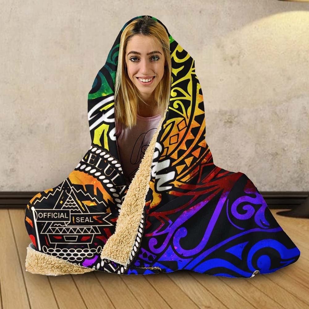 Palau Hooded Blanket - Rainbow Polynesian Pattern