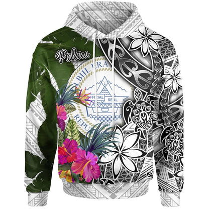 Palau Hoodie White - Turtle Plumeria Banana Leaf