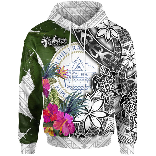 Palau Hoodie White - Turtle Plumeria Banana Leaf