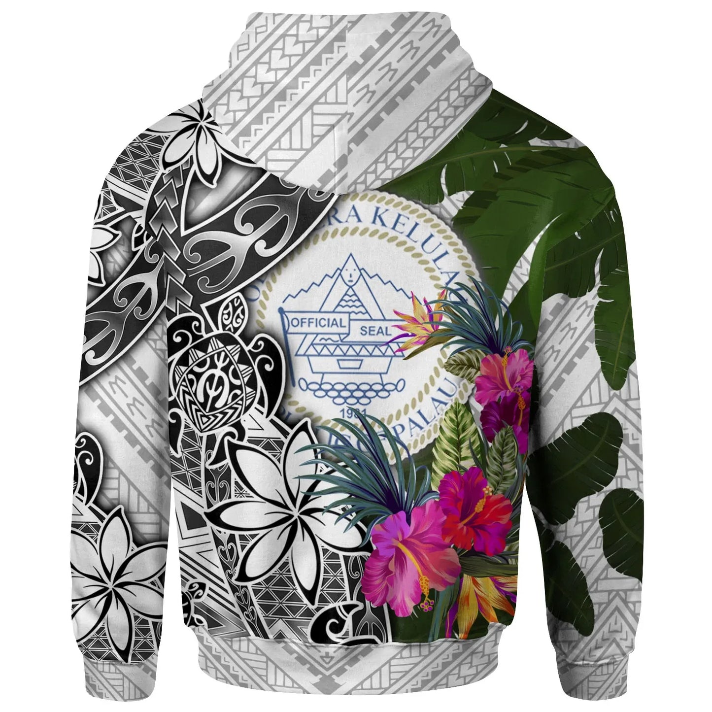 Palau Hoodie White - Turtle Plumeria Banana Leaf