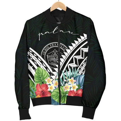 Palau Bomber Jacket - Palau Caledonia Coat of Arms & Polynesian Tropical Flowers White