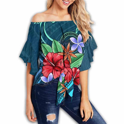 Palau Off Shoulder Wrap Waist Top - Blue Pattern With Tropical Flowers