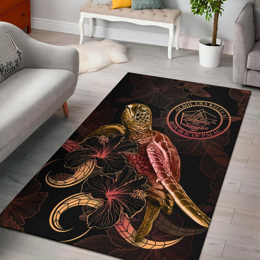 Palau Polynesian Area Rugs - Turtle With Blooming Hibiscus Gold