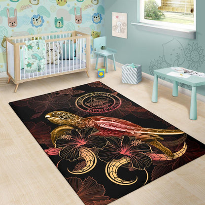 Palau Polynesian Area Rugs - Turtle With Blooming Hibiscus Gold