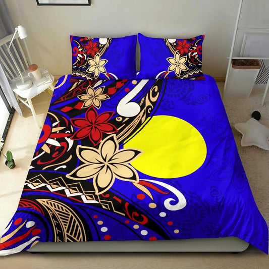 Palau Polynesian Bedding Set - Tribal Flower With Special Turtles Blue Color