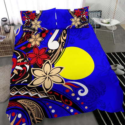 Palau Polynesian Bedding Set - Tribal Flower With Special Turtles Blue Color