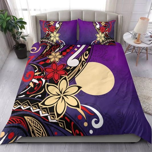 Palau Polynesian Bedding Set - Tribal Flower With Special Turtles Purple Color