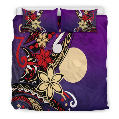 Palau Polynesian Bedding Set - Tribal Flower With Special Turtles Purple Color
