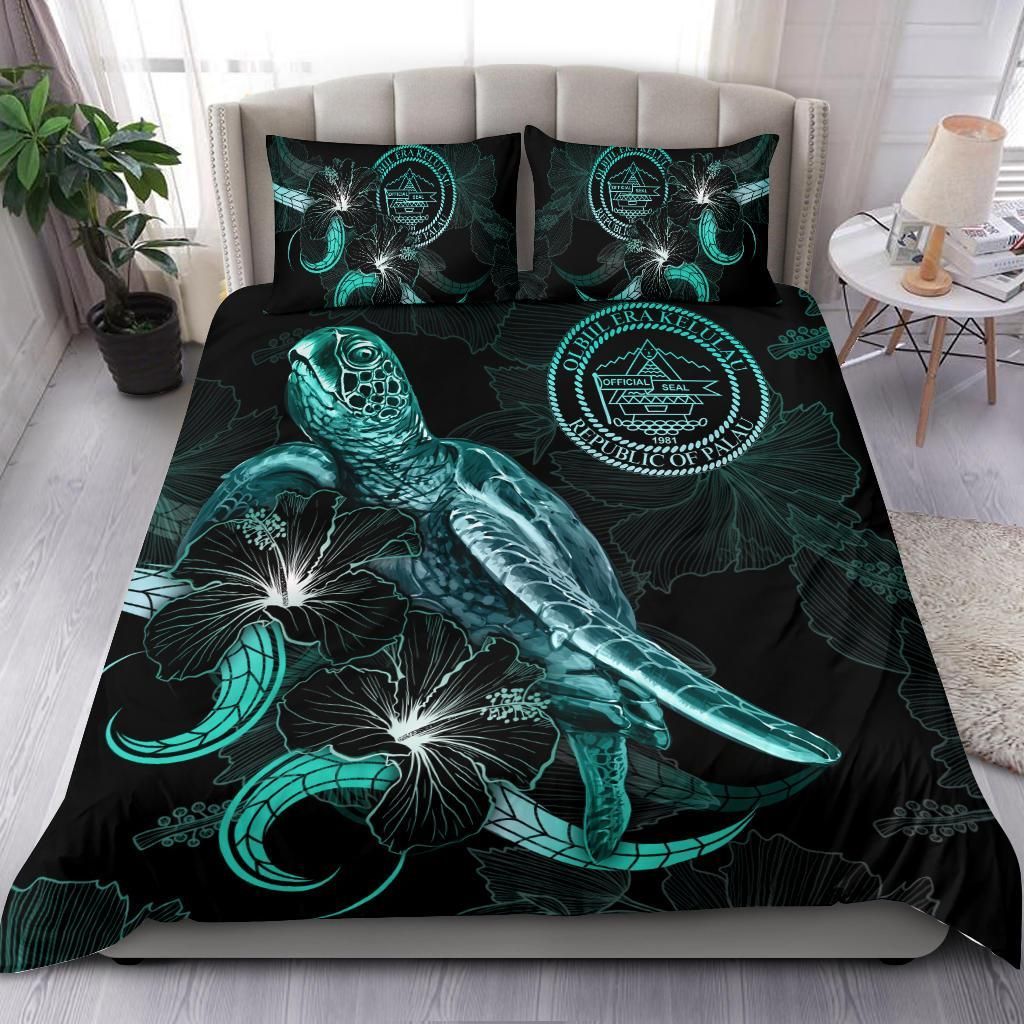 Palau Polynesian Bedding Set - Turtle With Blooming Hibiscus Turquoise
