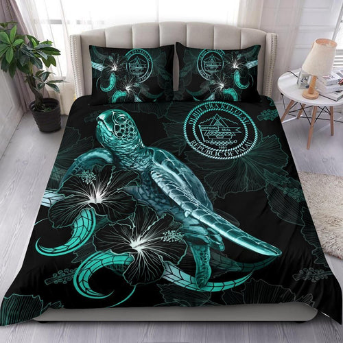Palau Polynesian Bedding Set - Turtle With Blooming Hibiscus Turquoise