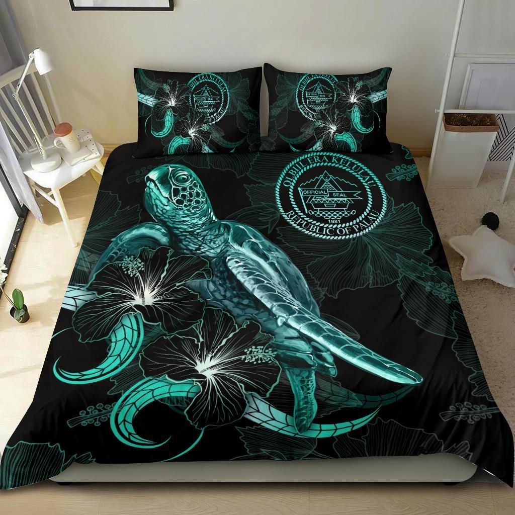 Palau Polynesian Bedding Set - Turtle With Blooming Hibiscus Turquoise