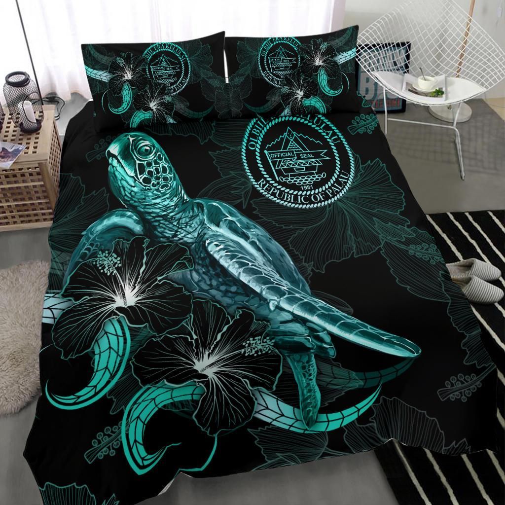Palau Polynesian Bedding Set - Turtle With Blooming Hibiscus Turquoise