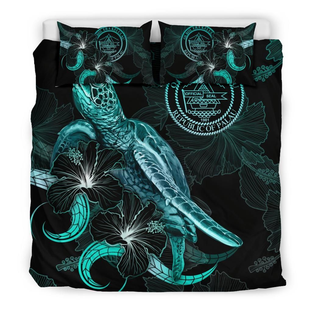 Palau Polynesian Bedding Set - Turtle With Blooming Hibiscus Turquoise