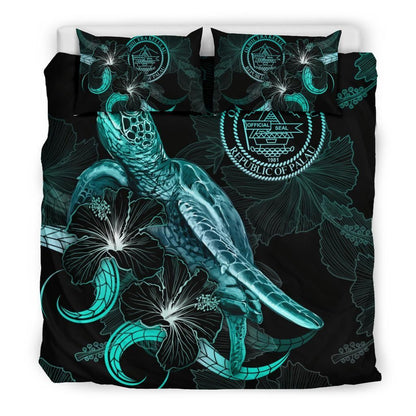 Palau Polynesian Bedding Set - Turtle With Blooming Hibiscus Turquoise